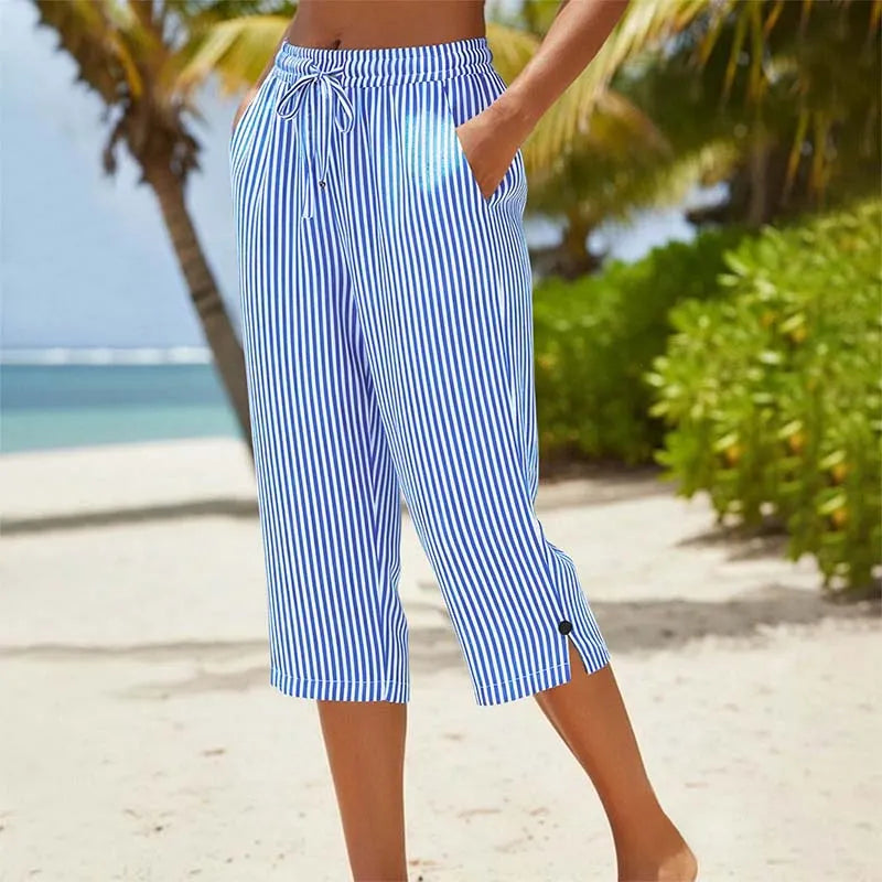 Roselina - Striped Drawstring Capri Trousers