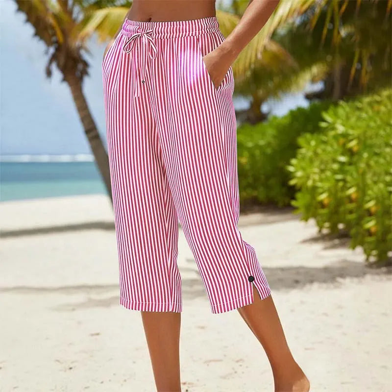Roselina - Striped Drawstring Capri Trousers